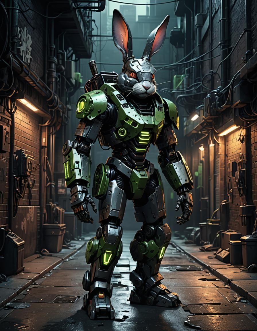 Rabbit Mecha Gears Up in Cyberpunk Alleyway
