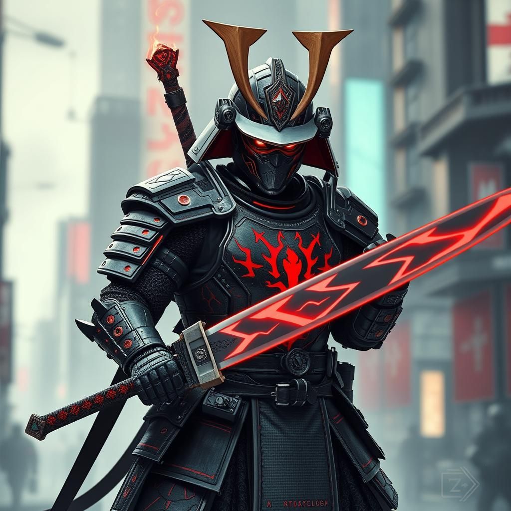 Cyberpunk Samurai in Futuristic Armor with Fiery Sword