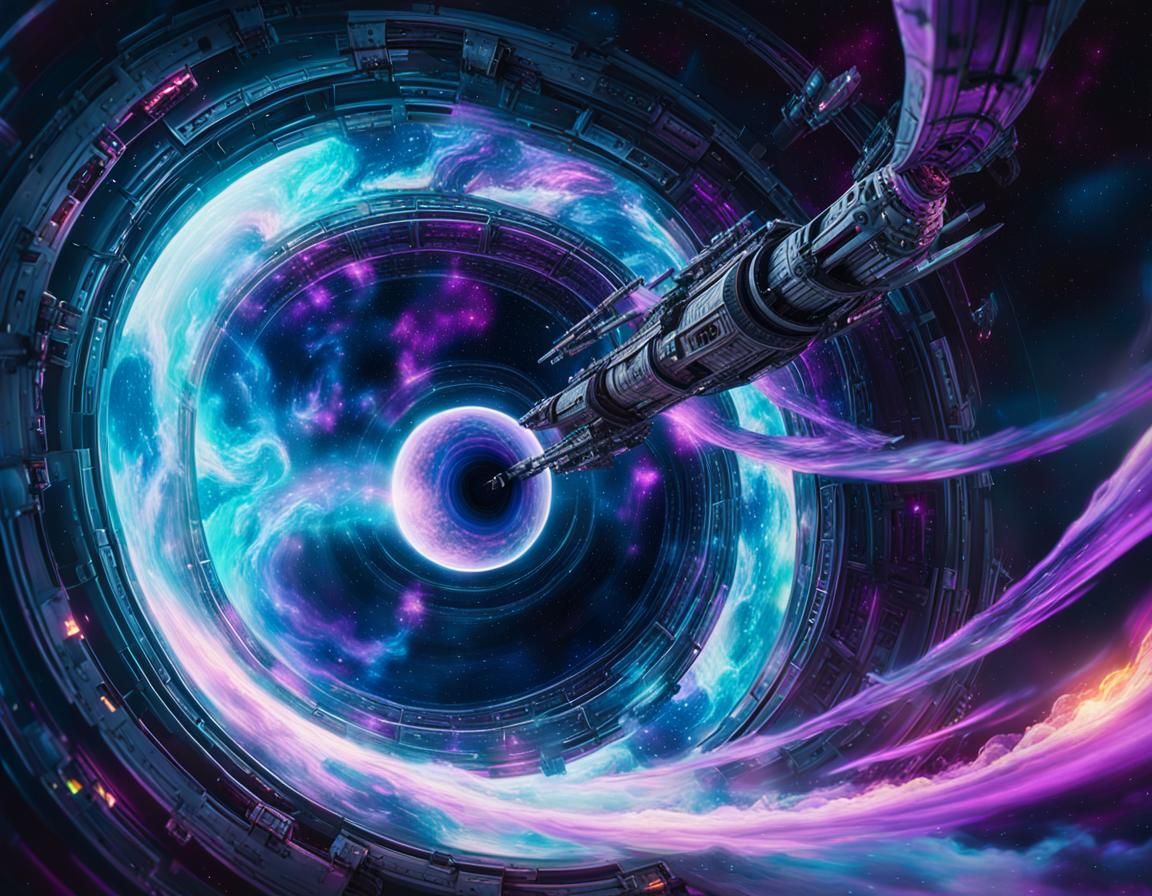 Spaceship Hurtling Through Nebula in Dreamy Oil Painting