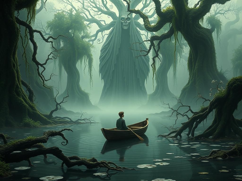 Ethereal Swamp Scene with Looming Figure