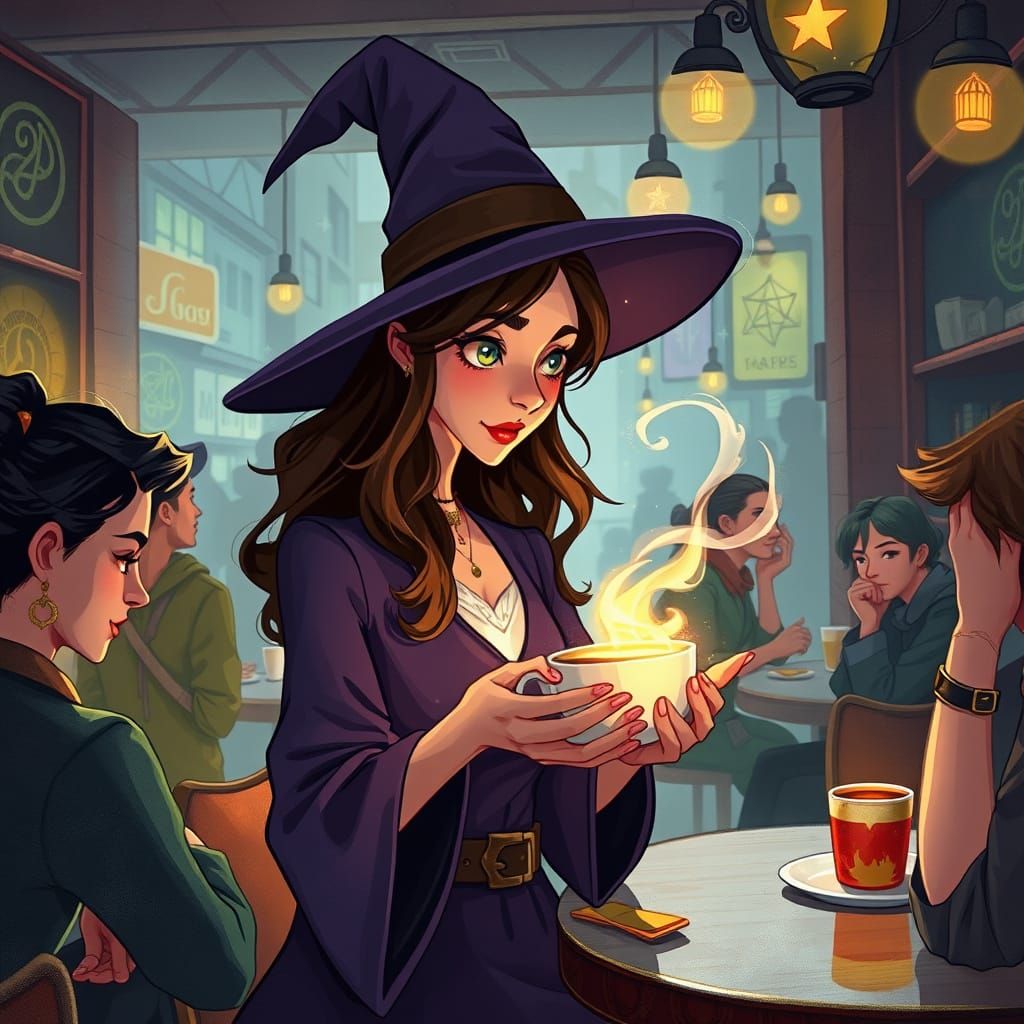 Modern Witch Casts Spell in Busy Cafe