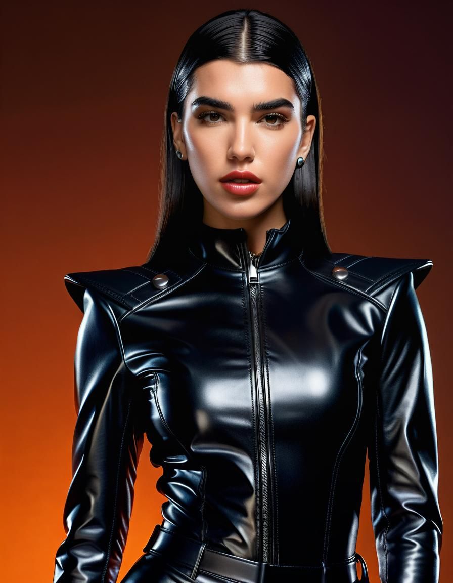 Hyperrealistic Dua Lipa as Superheroine in Leather Suit