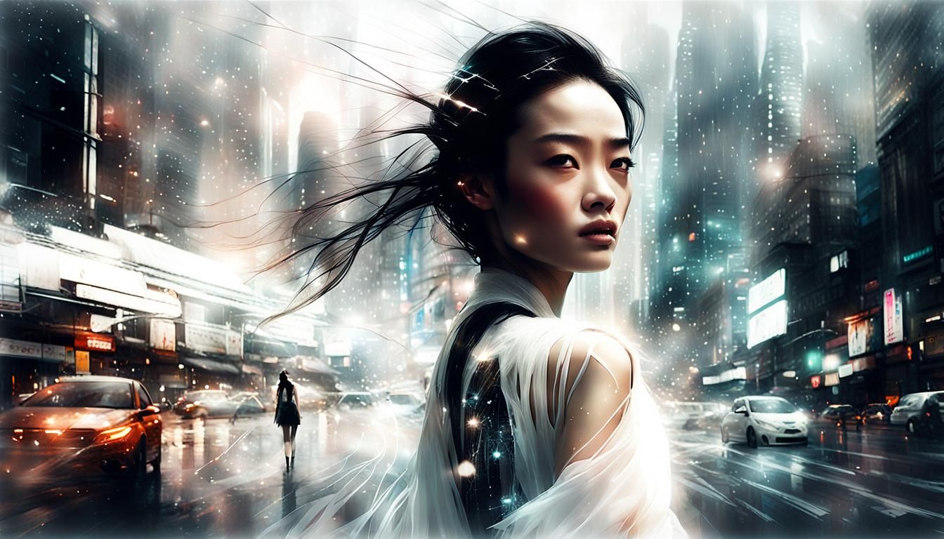 Shu Qi in Futuristic City with Speed Lines
