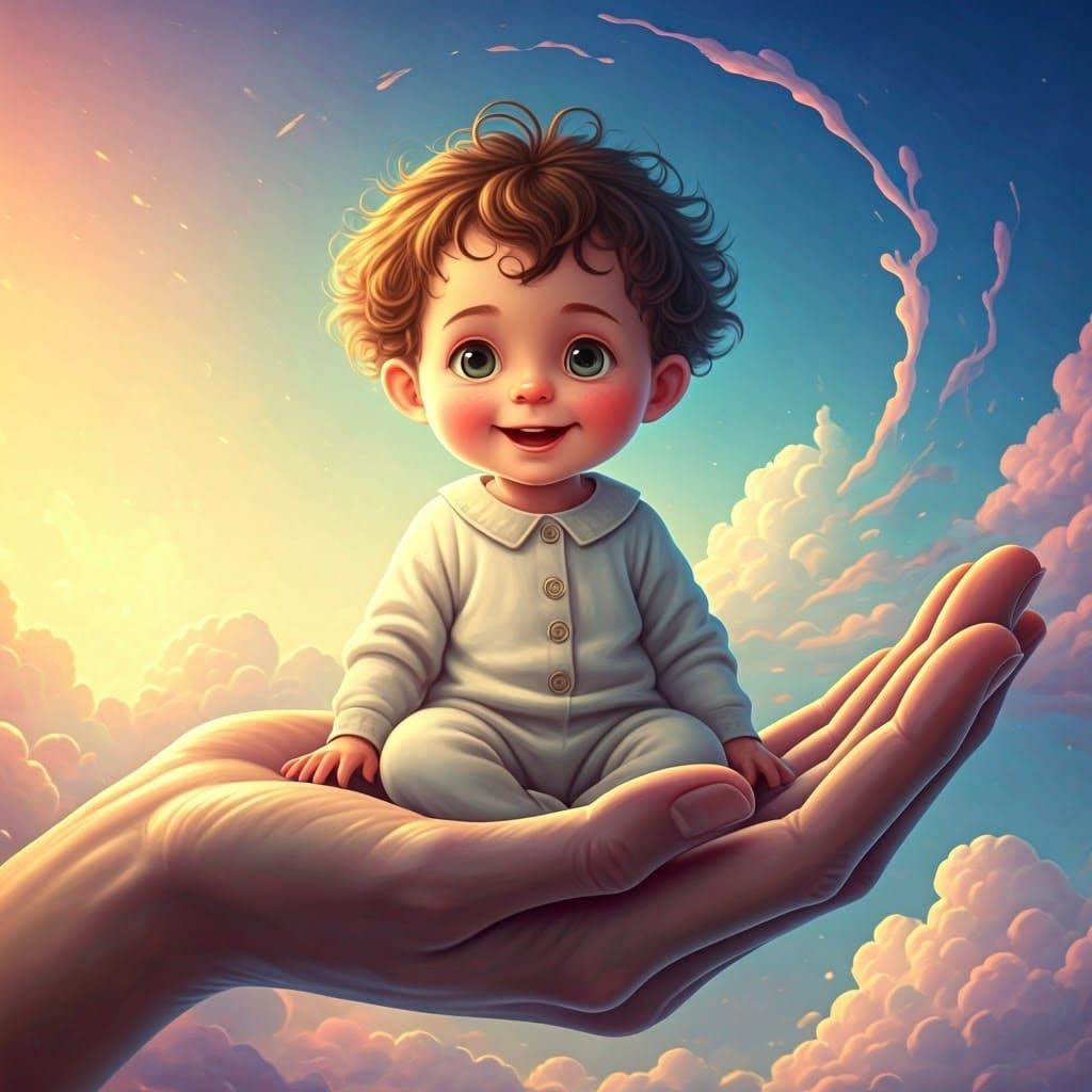 Boy on Giant Hand: Hyperrealistic Anime-Inspired Art