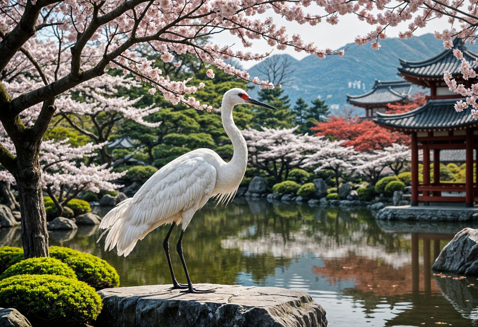 Graceful Crane in Japanese Garden with Cherry Blossoms
