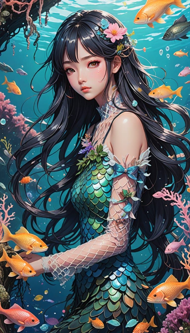 Trapped Siren Freeing Herself from the Ocean's Net