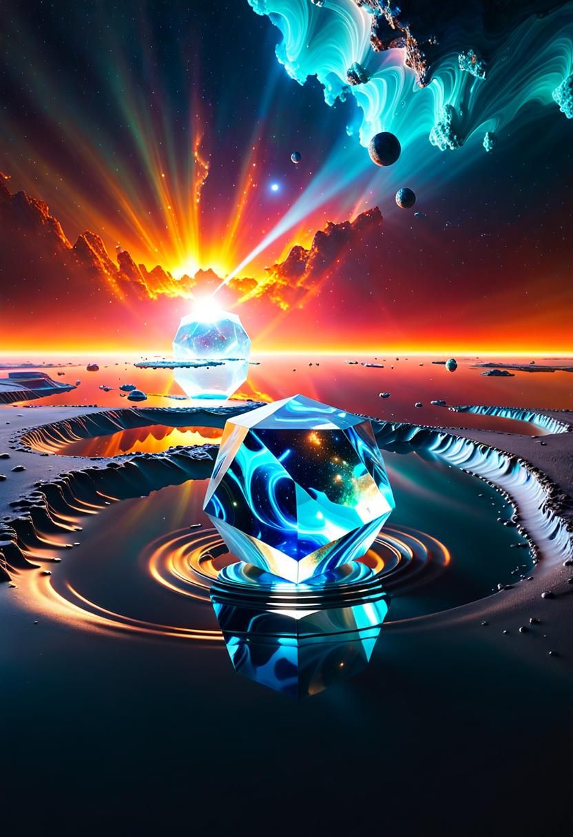 Glowing Moonstone Icosahedron Reflecting Galaxies