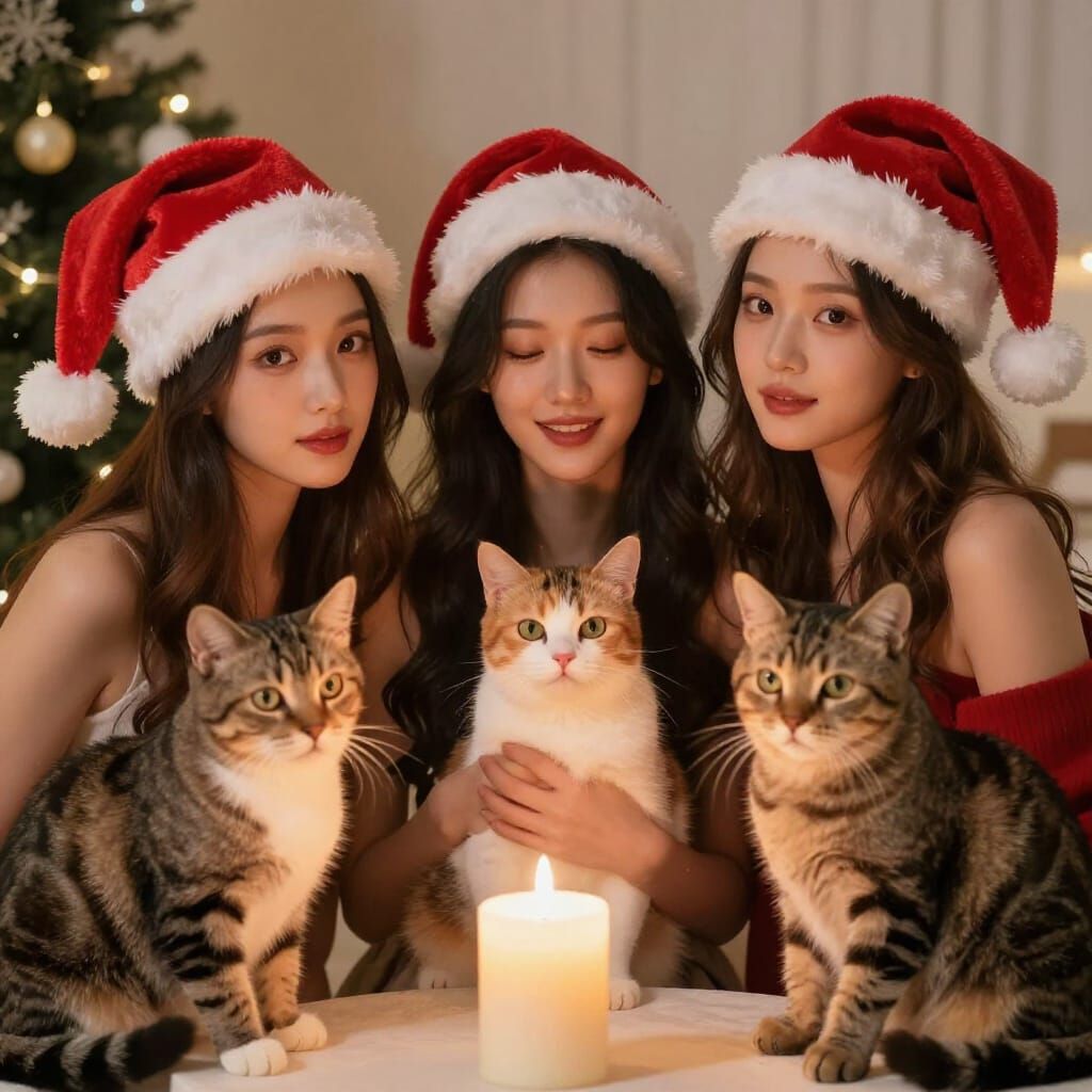Beautiful Women in Santa Hats with Cats and Candles