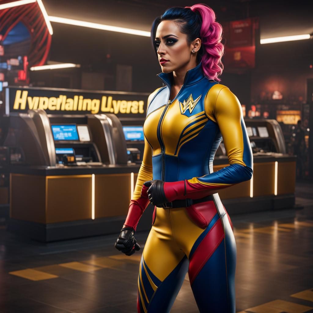 Hyperrealistic Woman Robbing Bank in Latex Catsuit