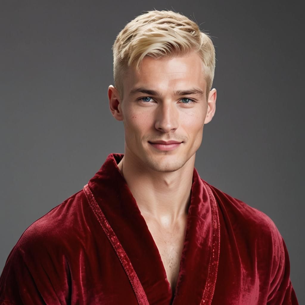 Blond Man in Red Velvet Bathrobe: Impasto Oil Painting