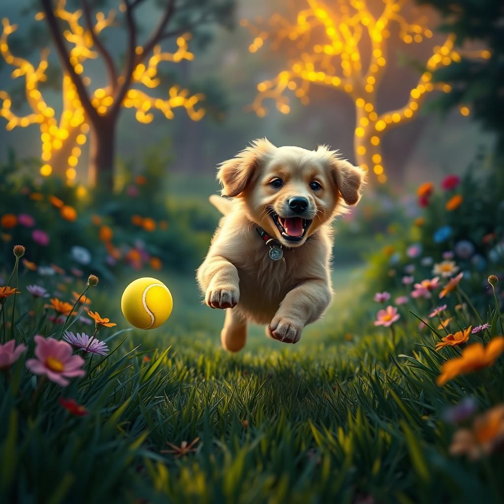 Golden Retriever Puppy's Joyful Leap in Whimsical Dog Park