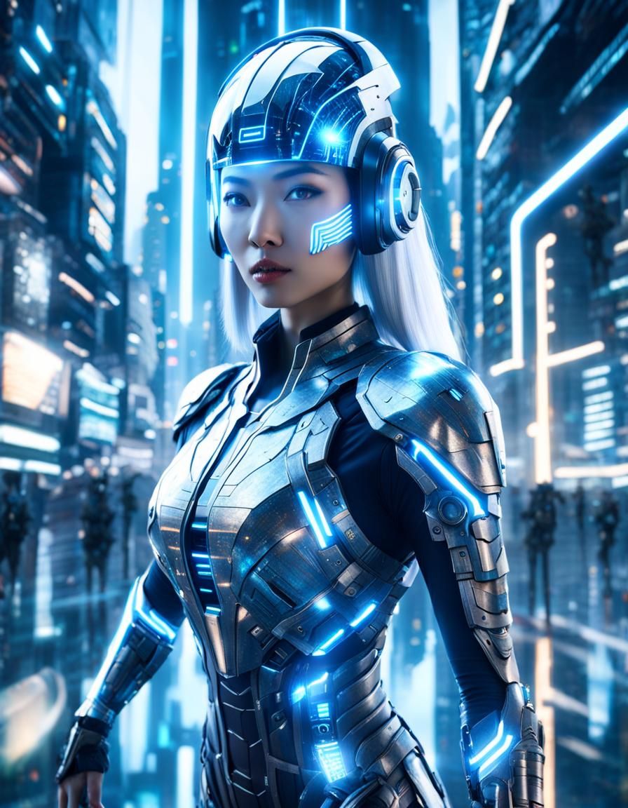 Hologram Woman with Blue Light Body in Futuristic City