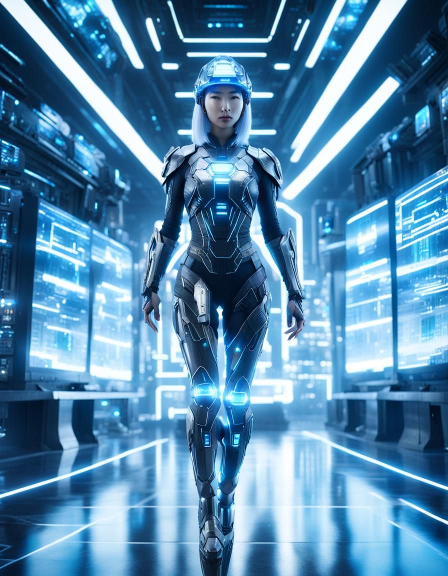 Hologram Woman with Blue Light Body in Futuristic City