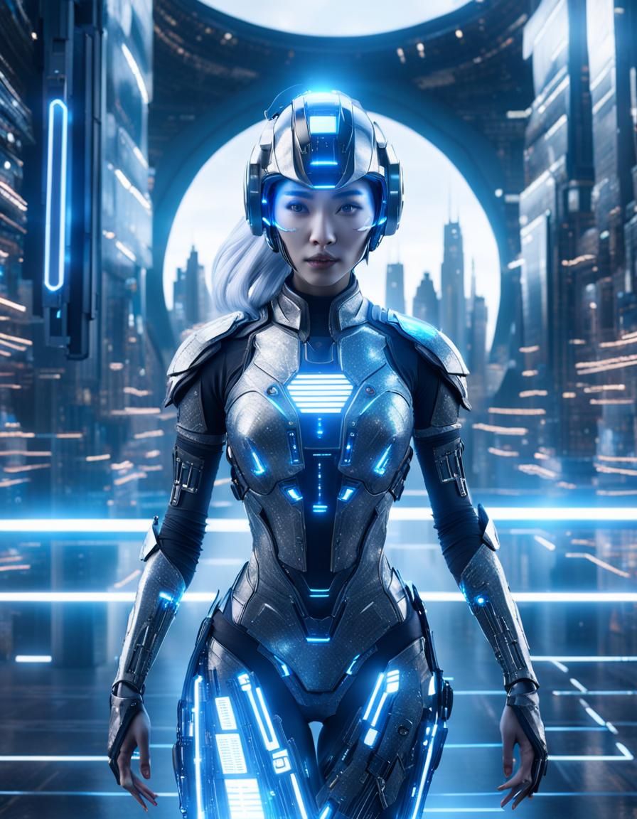 Hologram Woman in Futuristic City: Digital Matte Painting