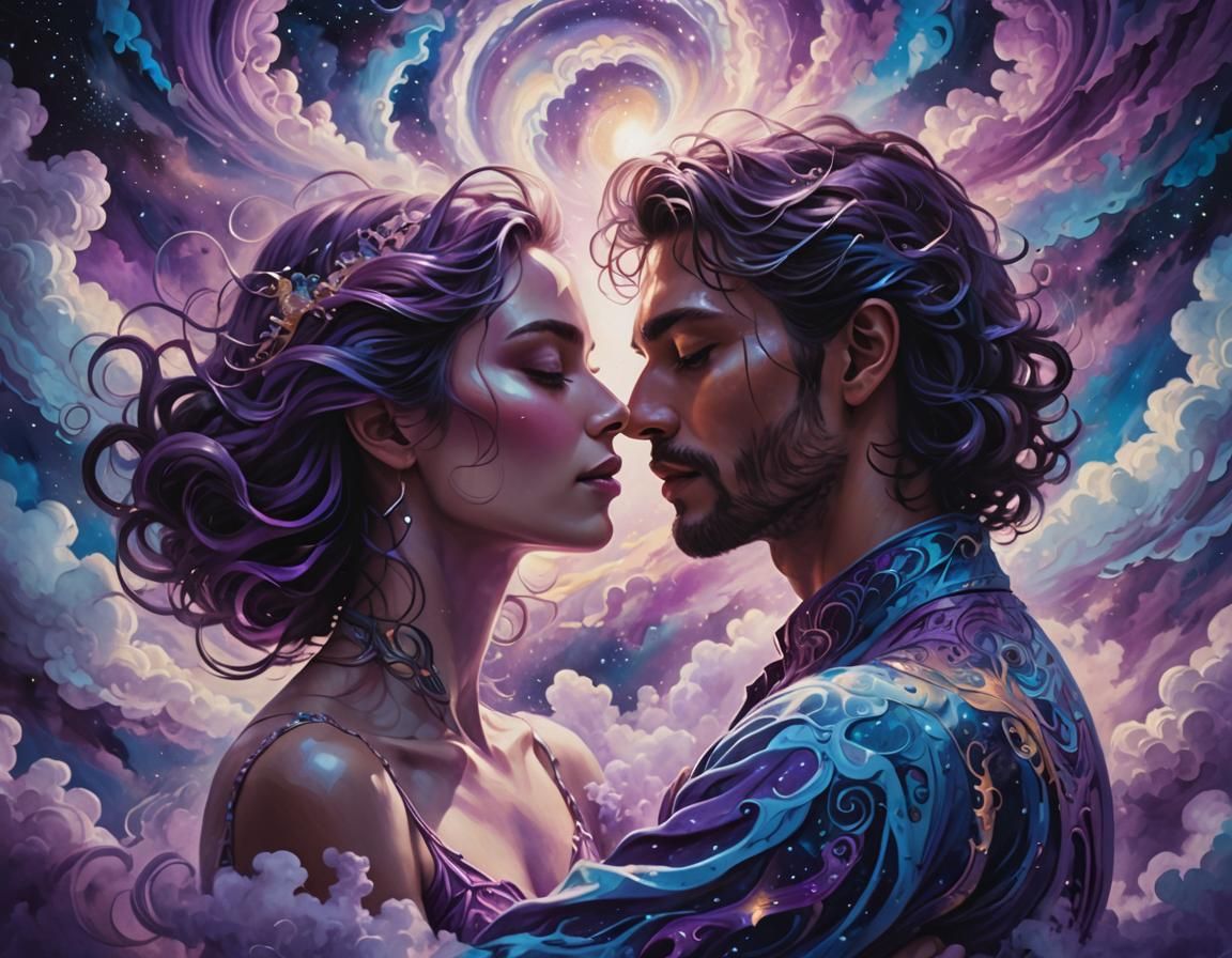 Cosmic Lovers Embrace in Surreal Astral Illustration