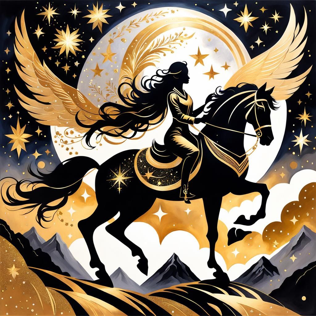 Woman Rides Pegasus in Abstract Watercolor Style