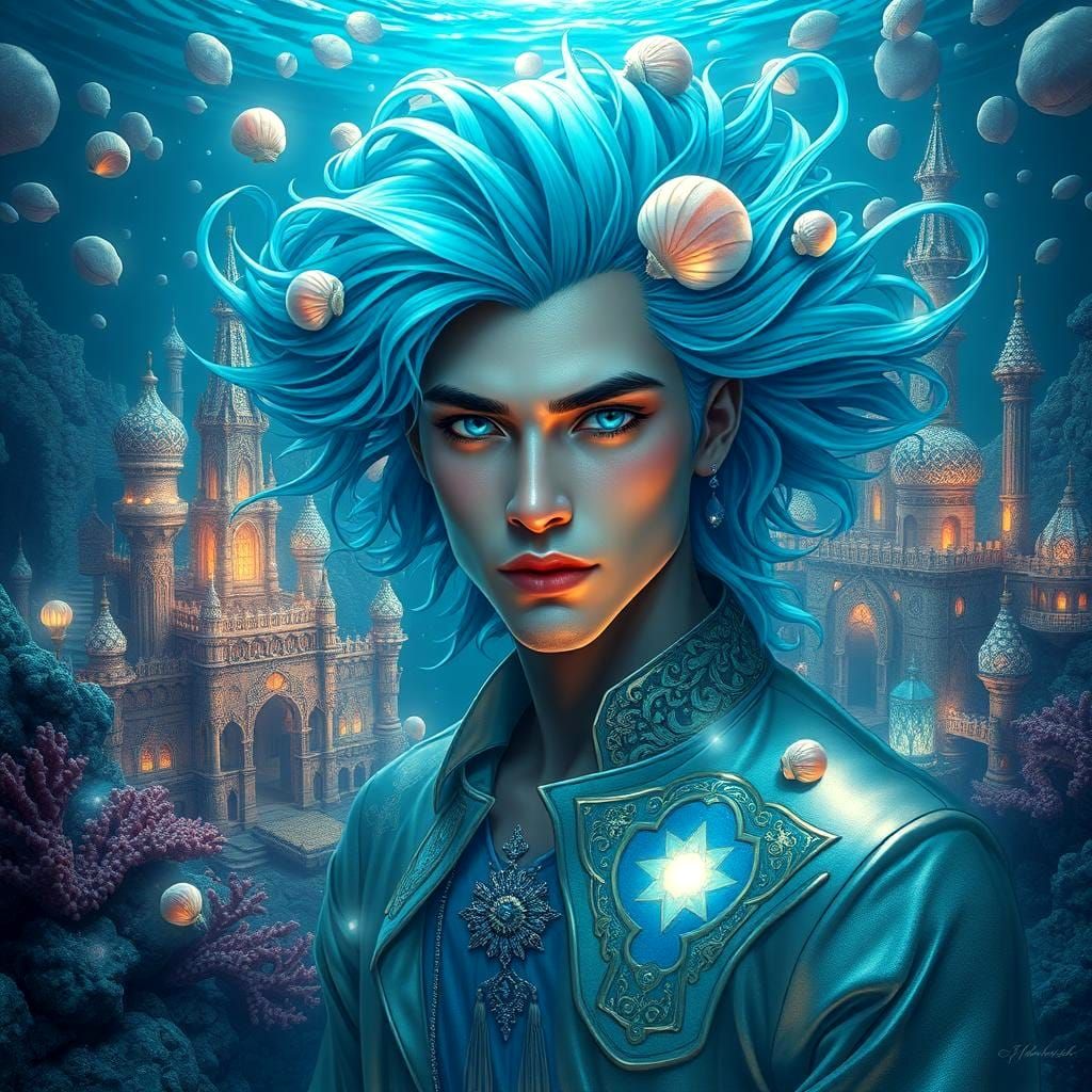 Ethereal Man in Underwater Realm: Fantasy Art