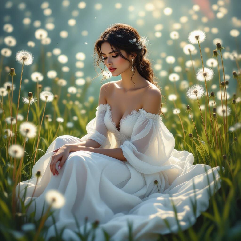 Ethereal Woman Surrounded by Glowing Dandelions