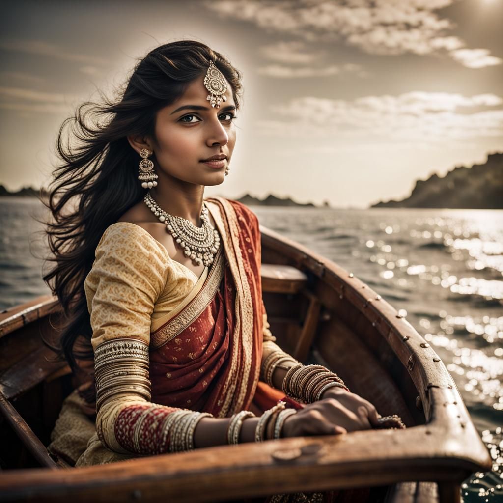 Indian Girl Drives Boat on Ocean: Photorealistic Art