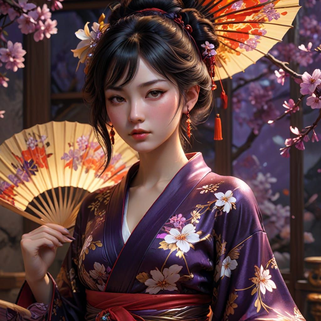 Dark Fantasy Kimono Portrait in Art Nouveau Style