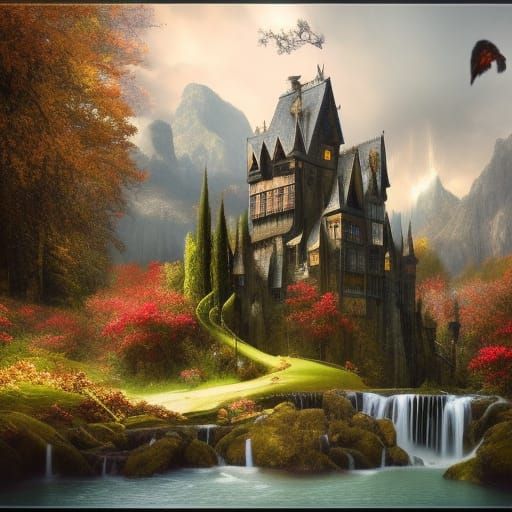 Dark Fantasy Castle with Waterfalls and Black Flowers