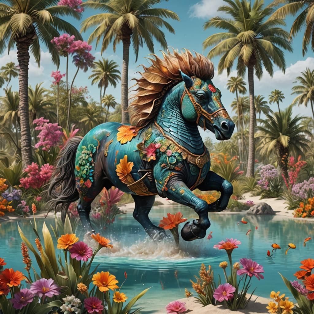 Seahorse Bison Hybrid in Lagoon: Hyperrealistic 16k