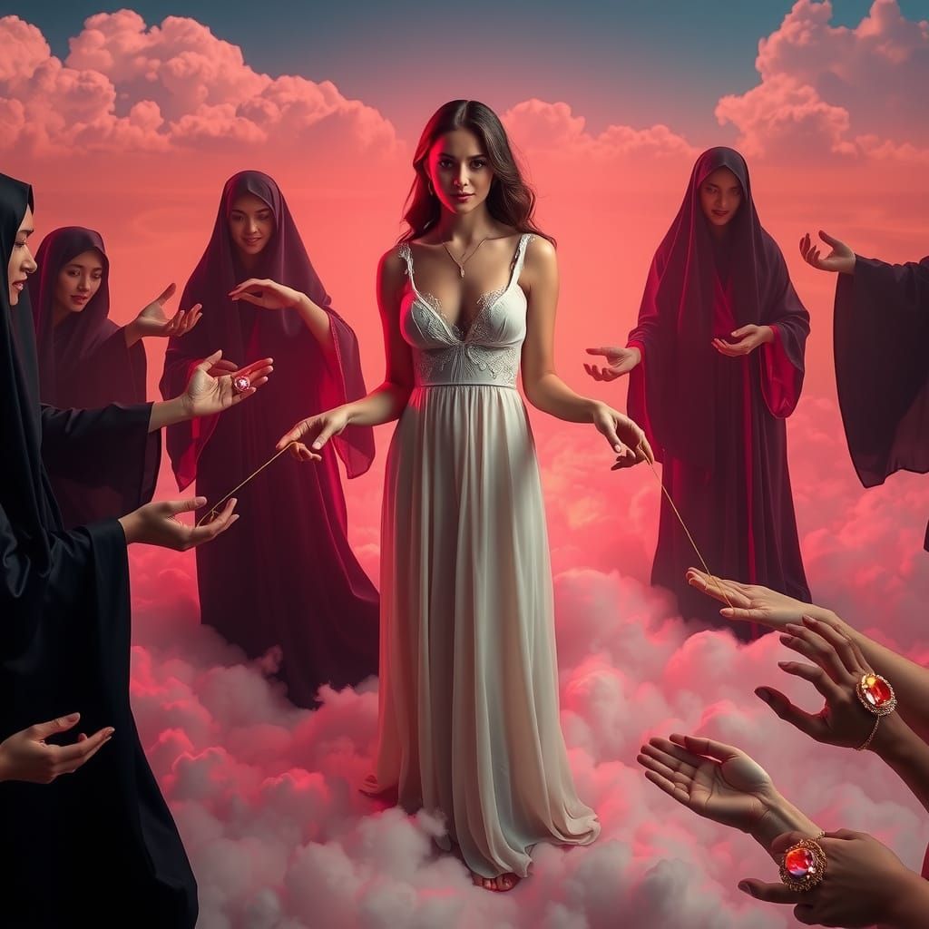 Ethereal Woman in Dreamlike Landscape with Shadowy Figures