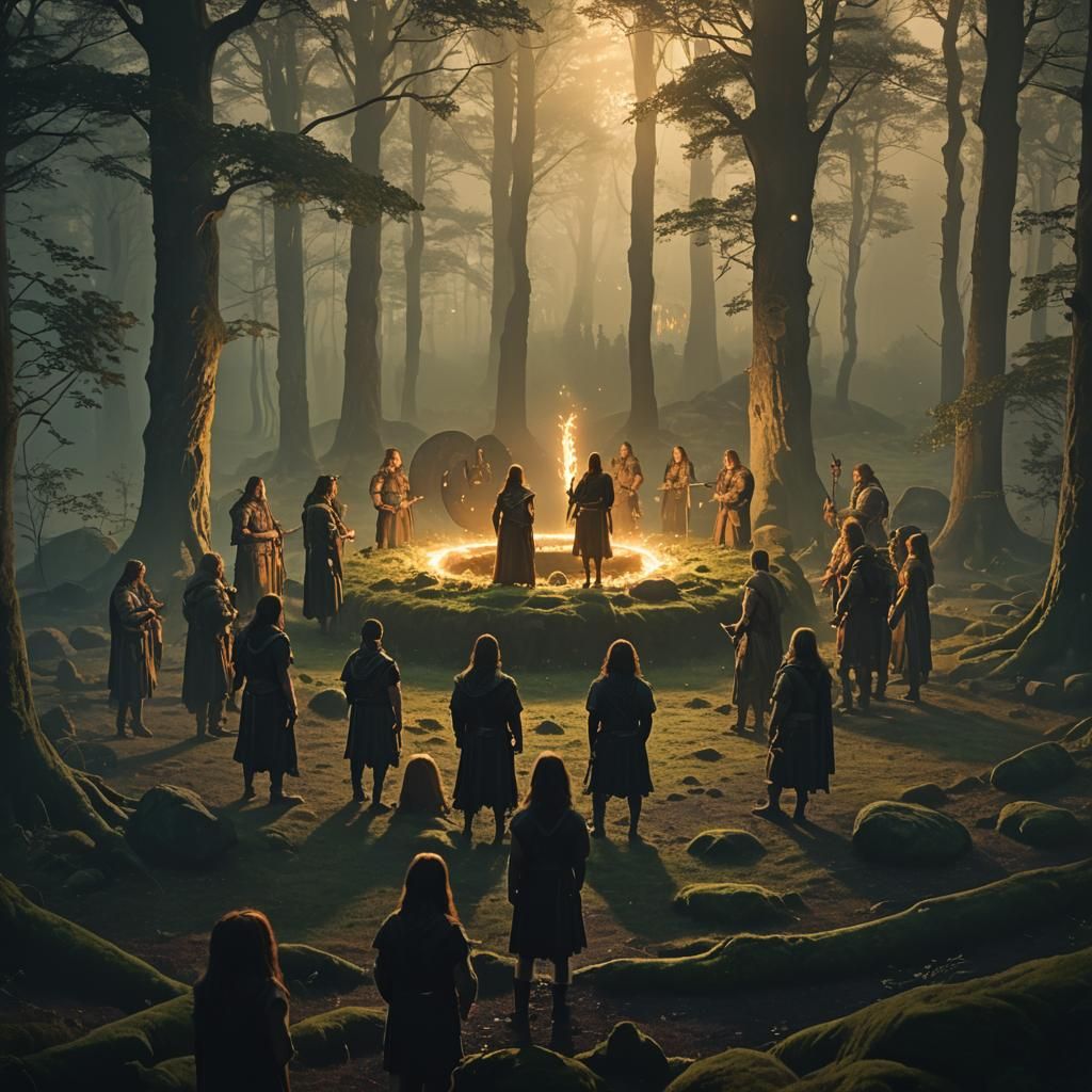Celtic Warriors Gather in Mystical Forest: Cinematic Still