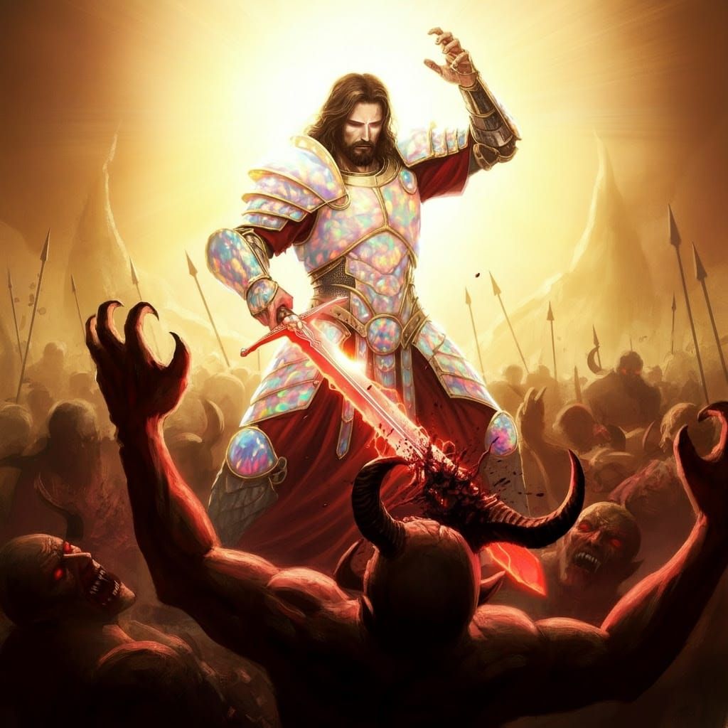 Jesus Christ, Warrior in Opal Armor, Stuns with Divine Sword