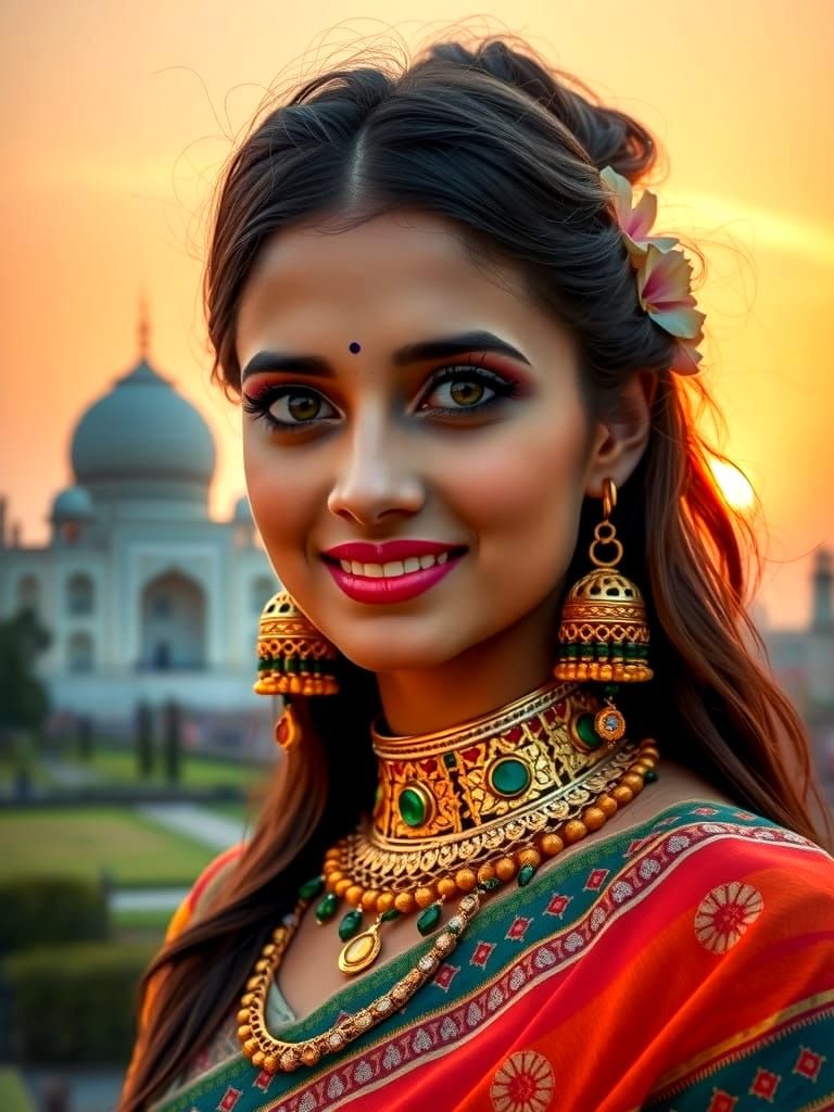 Indian Princess in Madhubani Style at Sunset