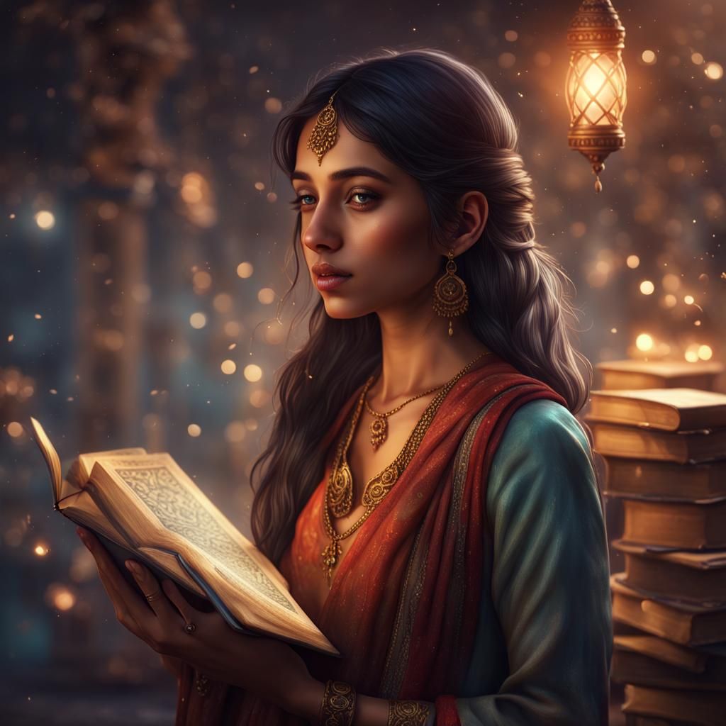 Dreamy South Asian Girl Reading, Detailed Matte Painting
