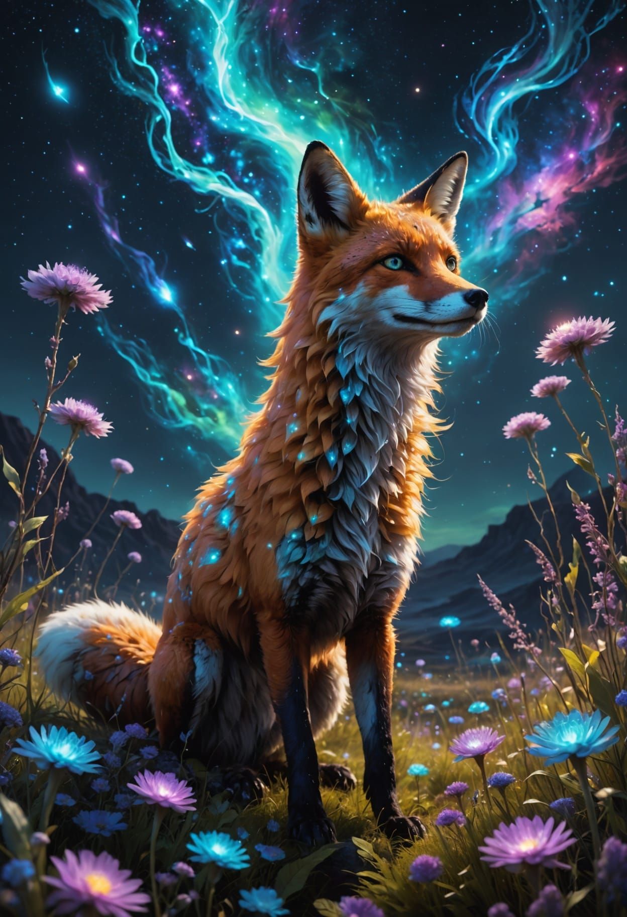Bioluminescent Fox in Cosmic Alien Flora Landscape