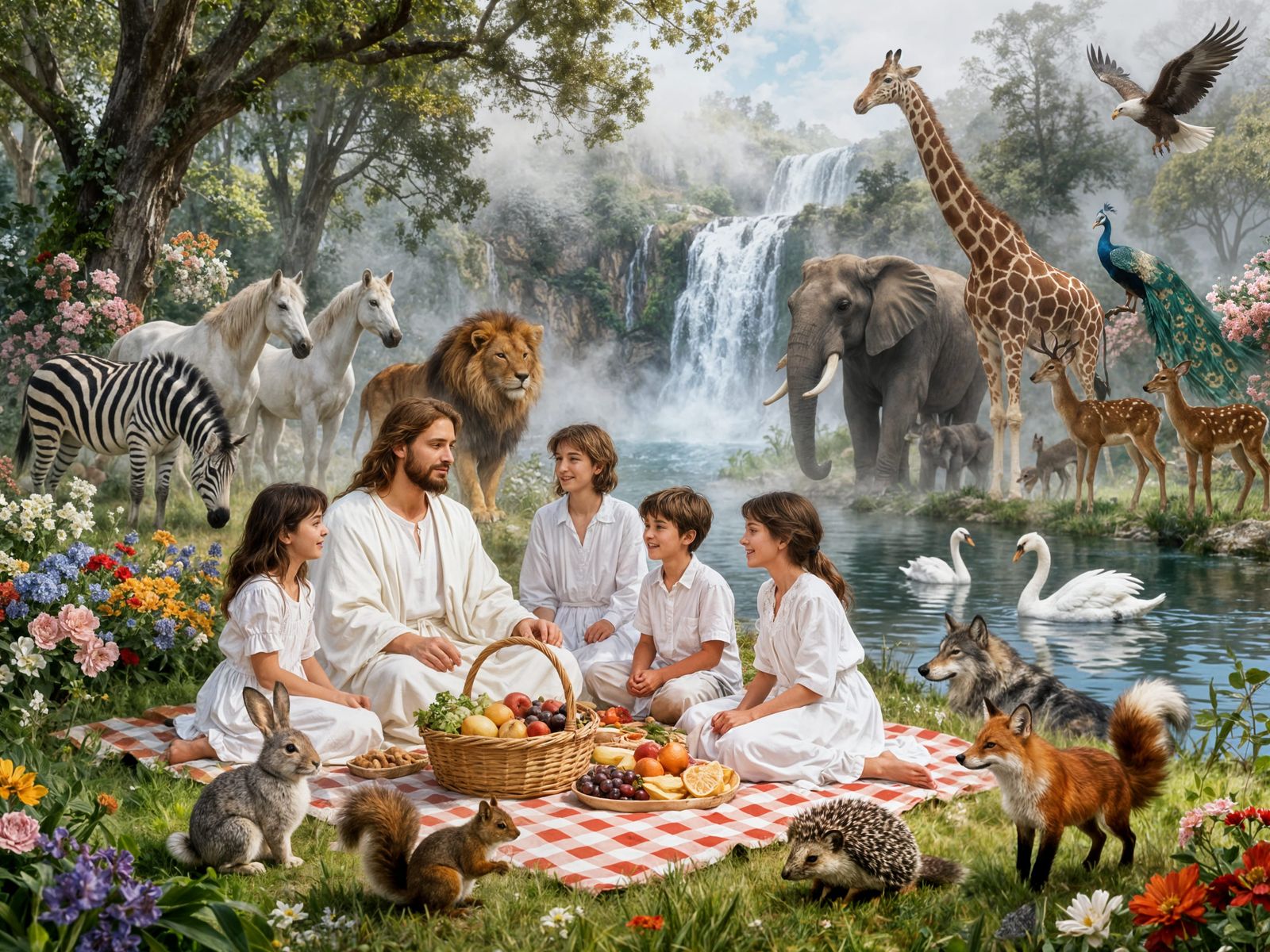 Joyful Family Picnic with Jesus and Animals