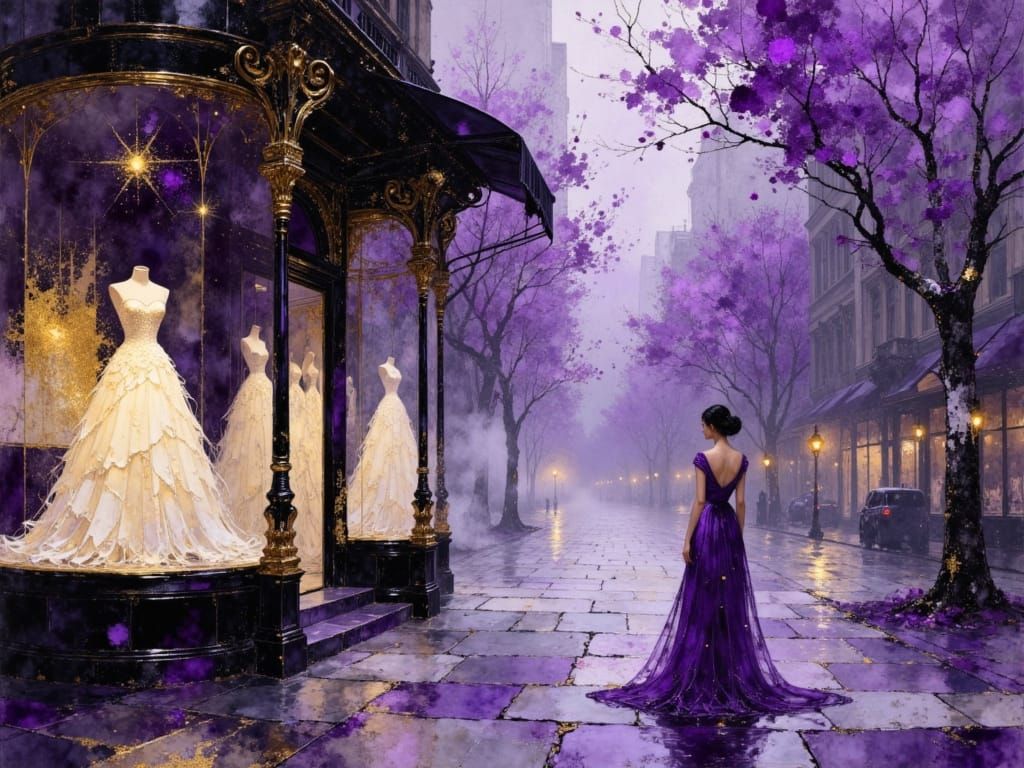 Monochromatic Bridal Storefront Painting in Purple and Gold