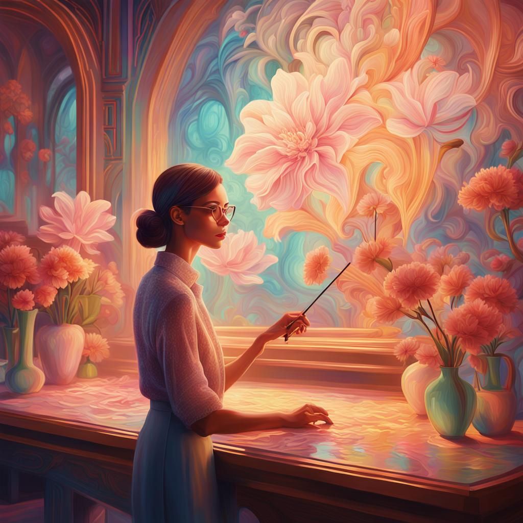 Art Deco Artist Painting Floral Art in Fantasy Interior