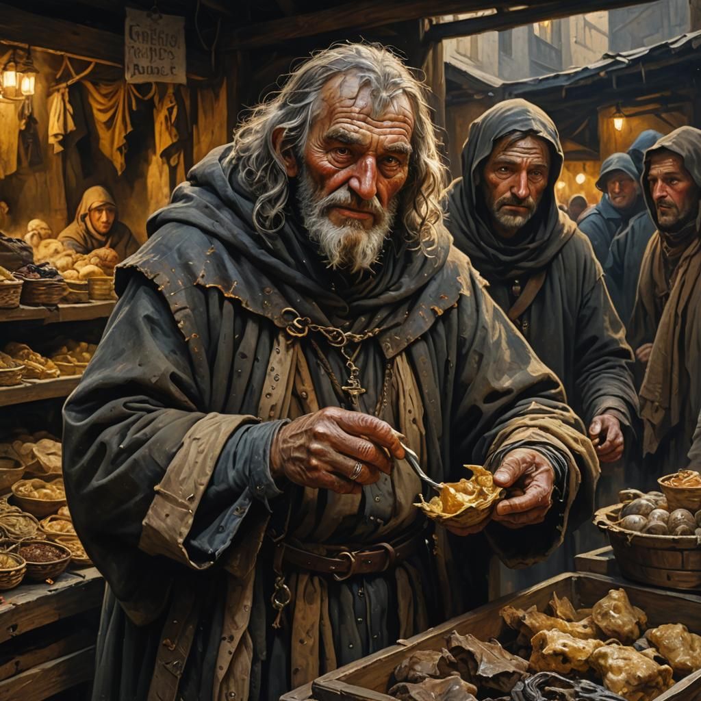 Grotesque Medieval Salesman in Oil Painting Style