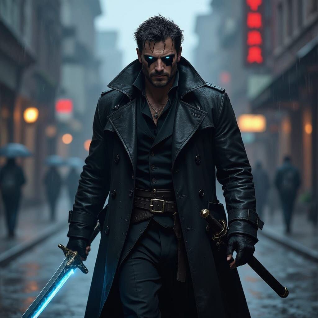 Man with Glowing Sword in Rain, Digital Art Style