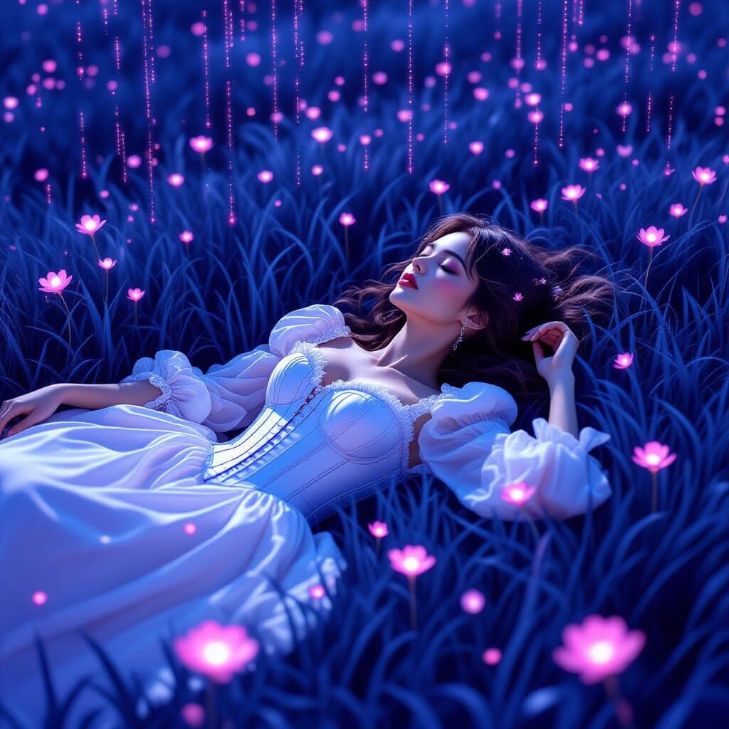 Ethereal Woman in Blue Field with Code Rain