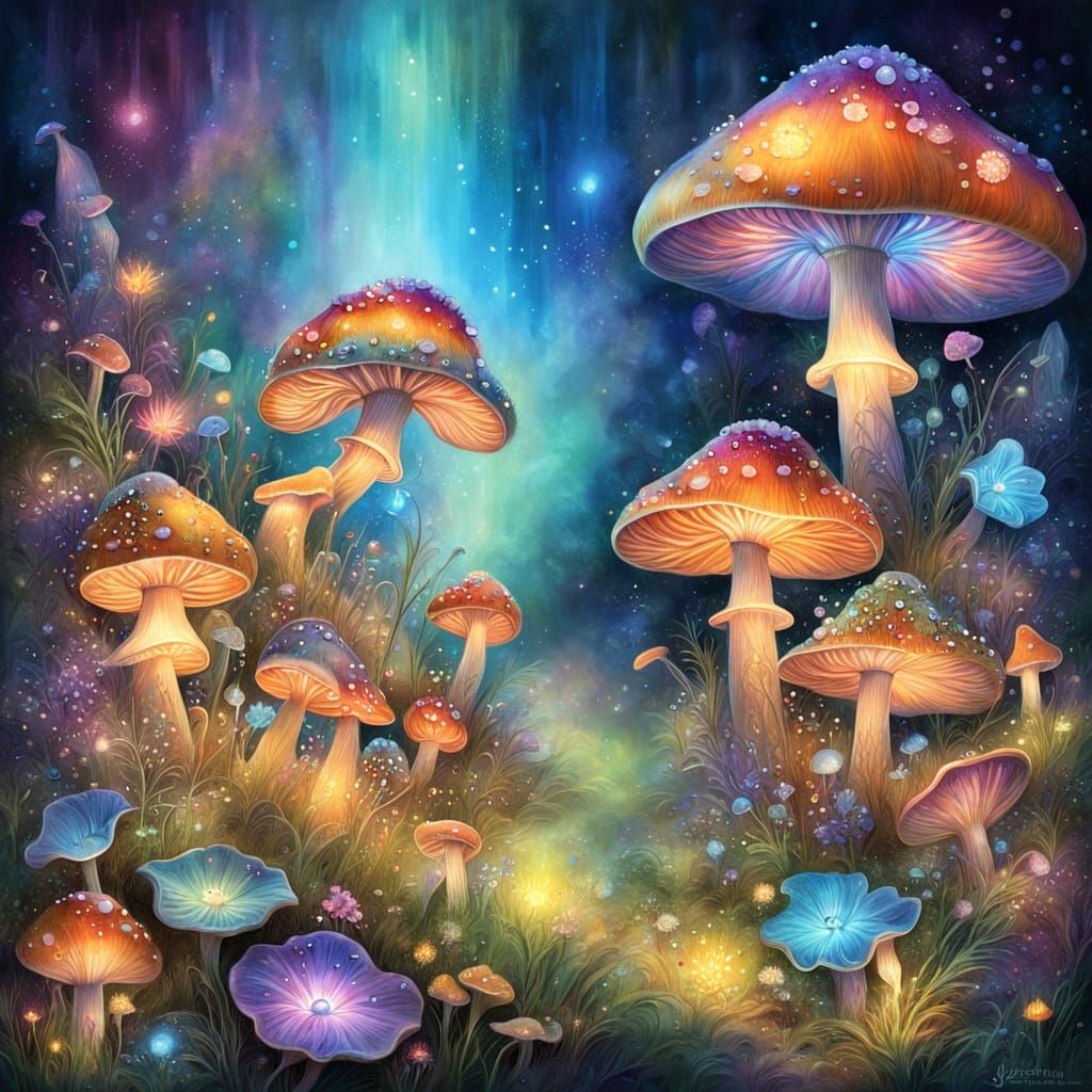 Glowing Iridescent Mushrooms in a Fantasy Illustration