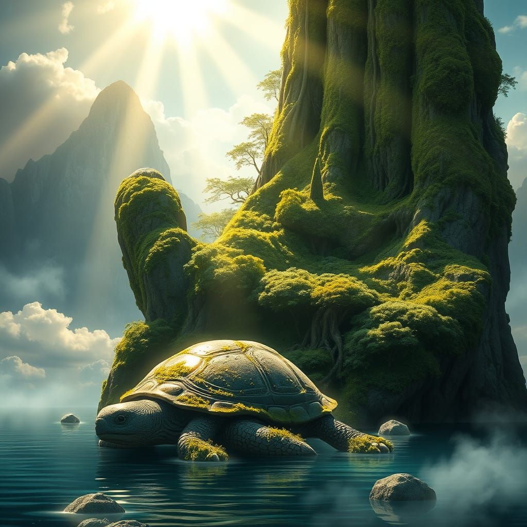 Colossal Island with Gargantuan Turtle in Serene Landscape