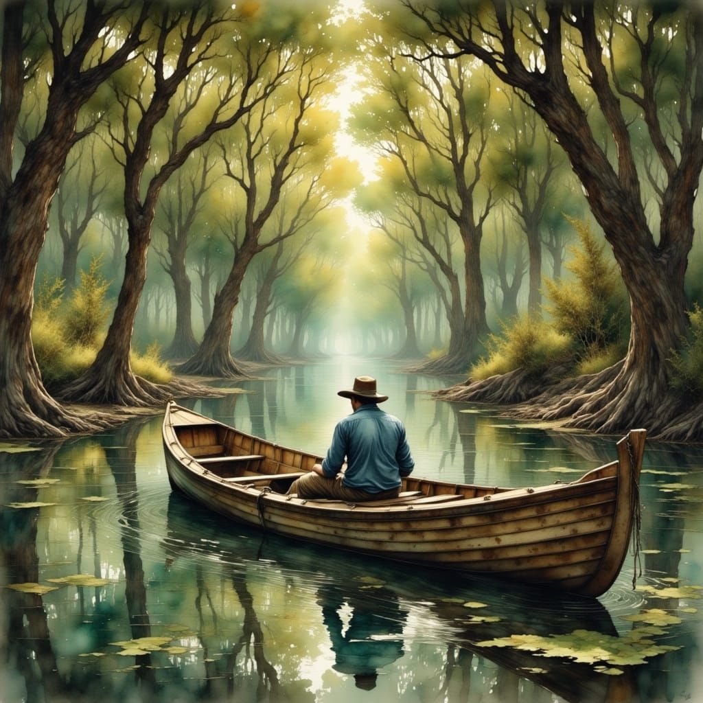 Surreal Watercolor Cajun River Scene in a Fantasy Art Style