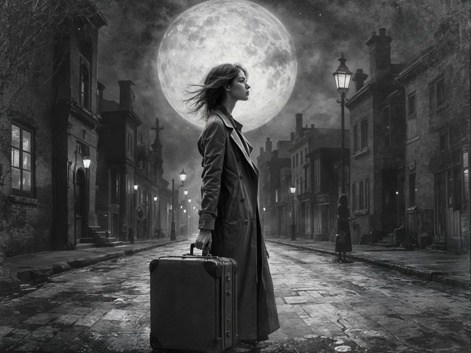 Woman on Moonlit Street in Expressive Oil Painting