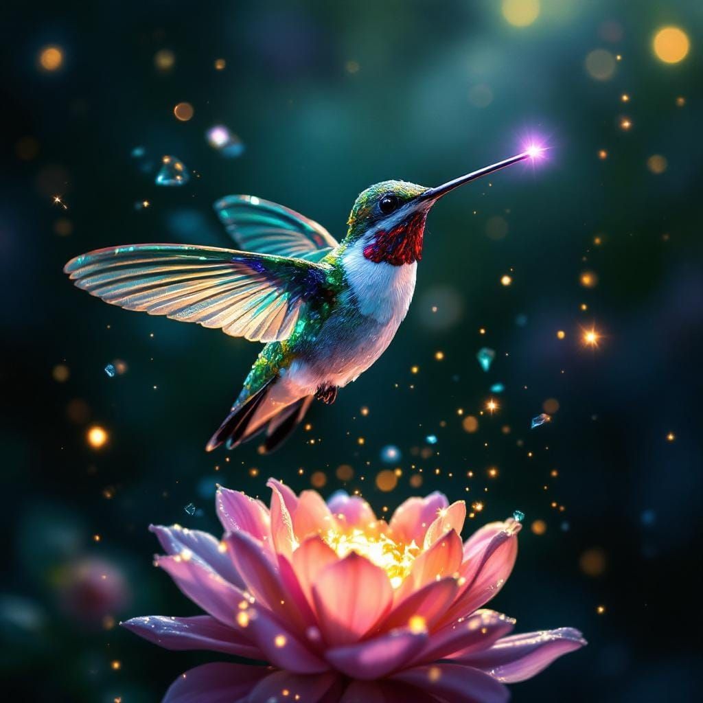 Crystalline Hummingbird with Luminous Flower