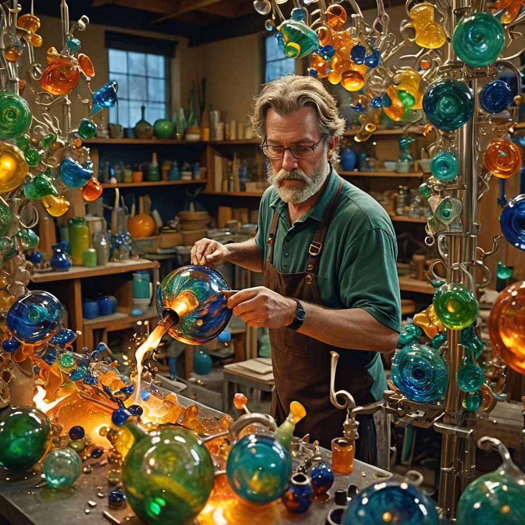 Glassblowing Artisan Shaping Colorful Vessels in Studio