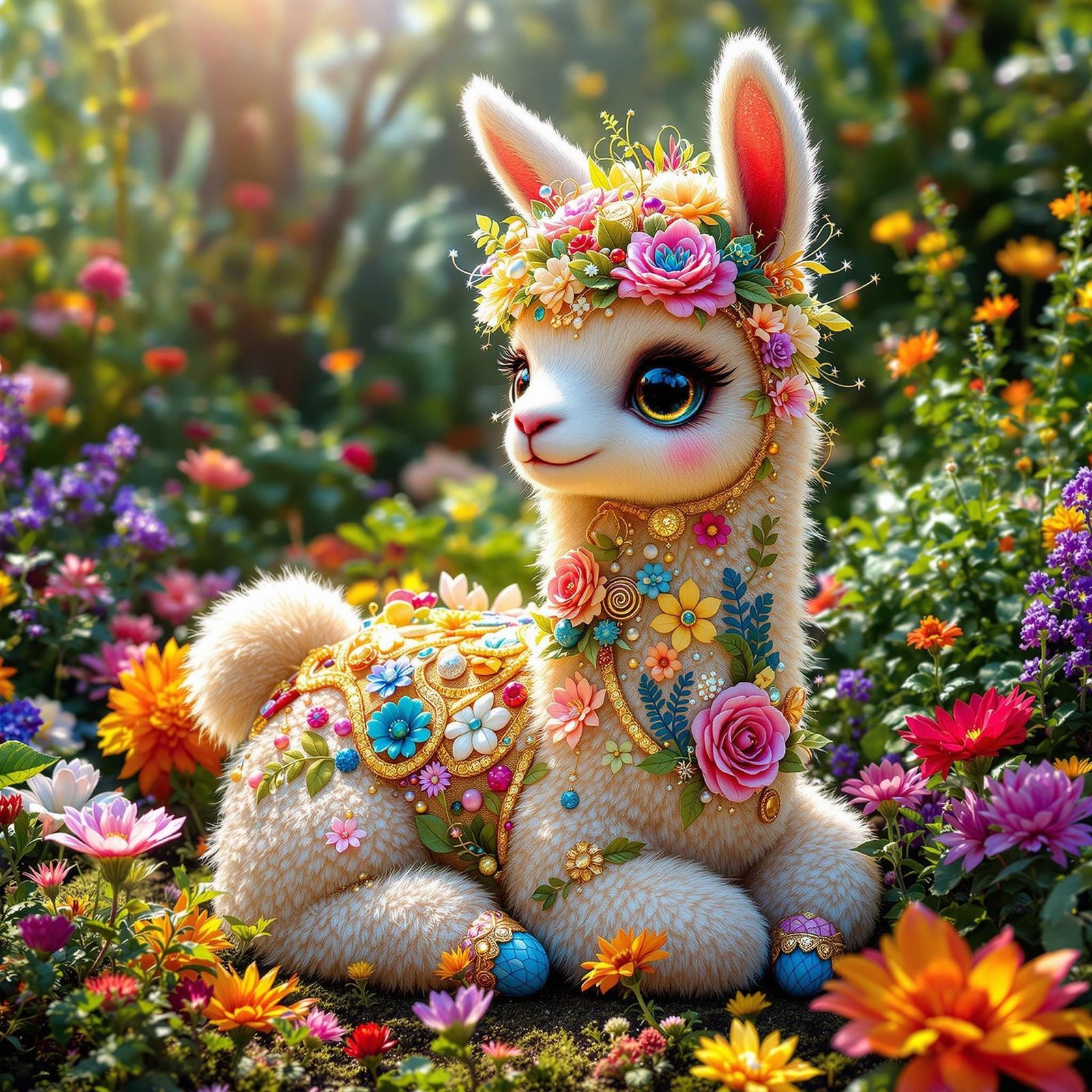 Enchanted Sequined Llama Baby in Vibrant Garden Scene