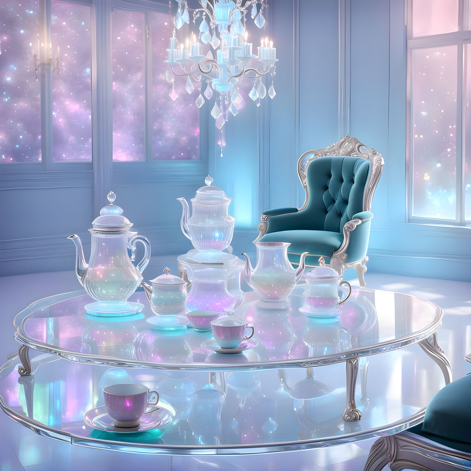 Futuristic Crystal Tea Room Interior in Pastel Iridescence