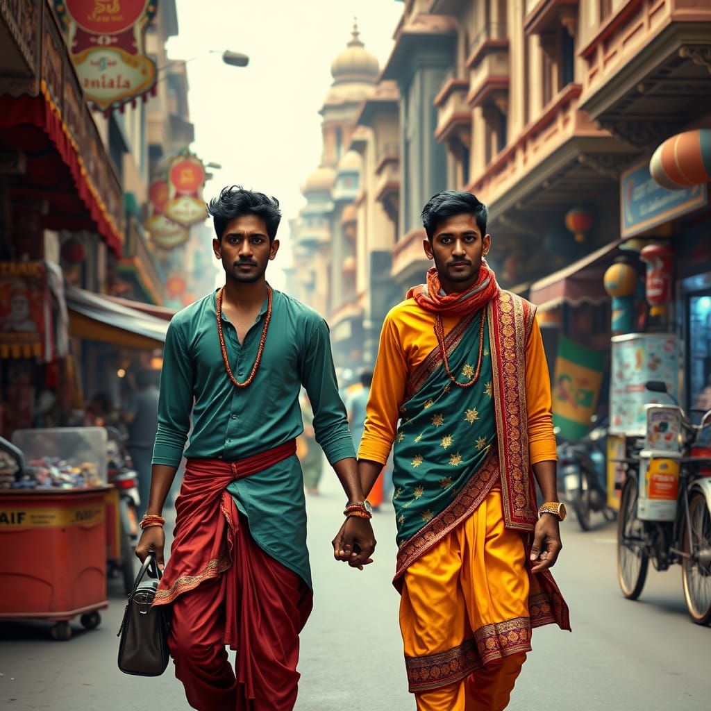 Indian Men Walking in City, Folk Art Style