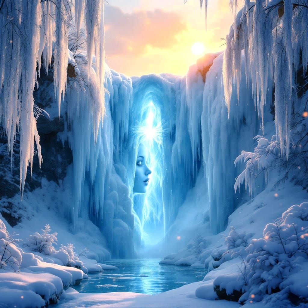 Ethereal Winter Wonderland with Frozen Fairy and Majestic Wa...