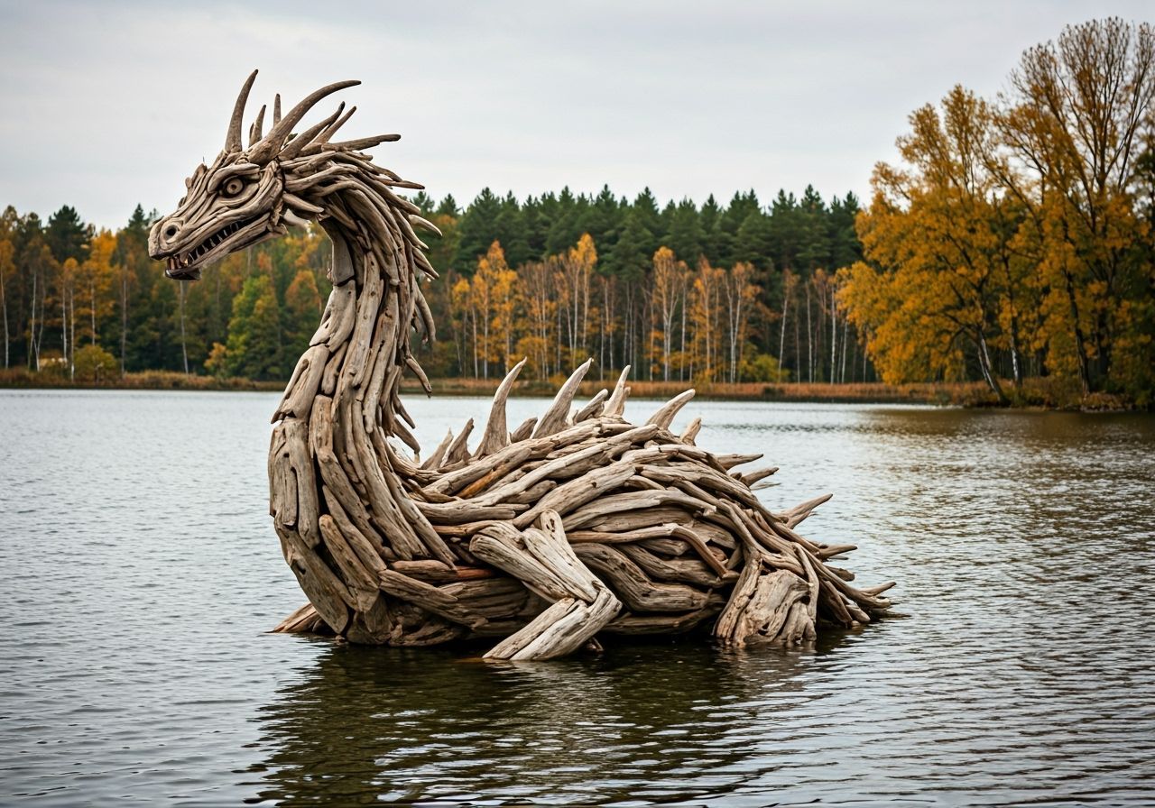 Lochness Monster Driftwood Sculpture in Autumn Lake