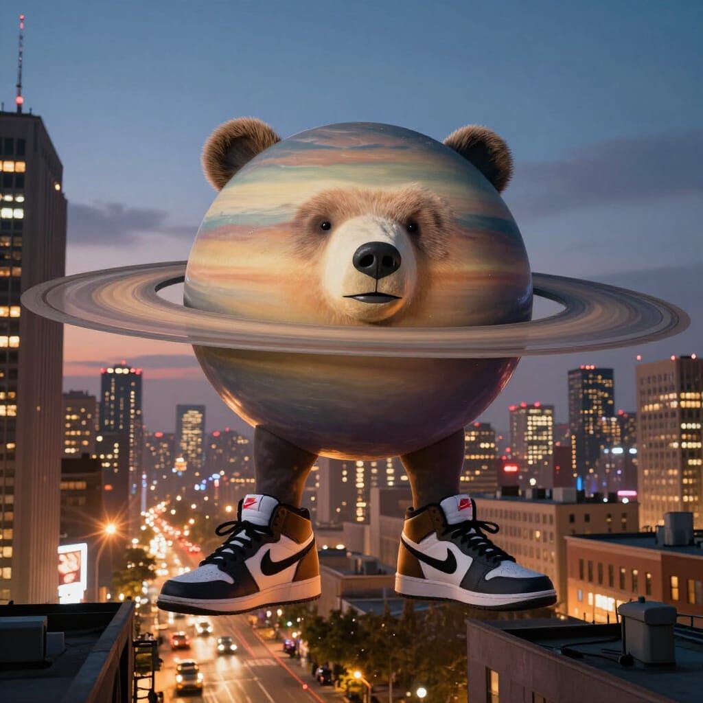 Uranus With Nike Legs and Bear Face in Cityscape